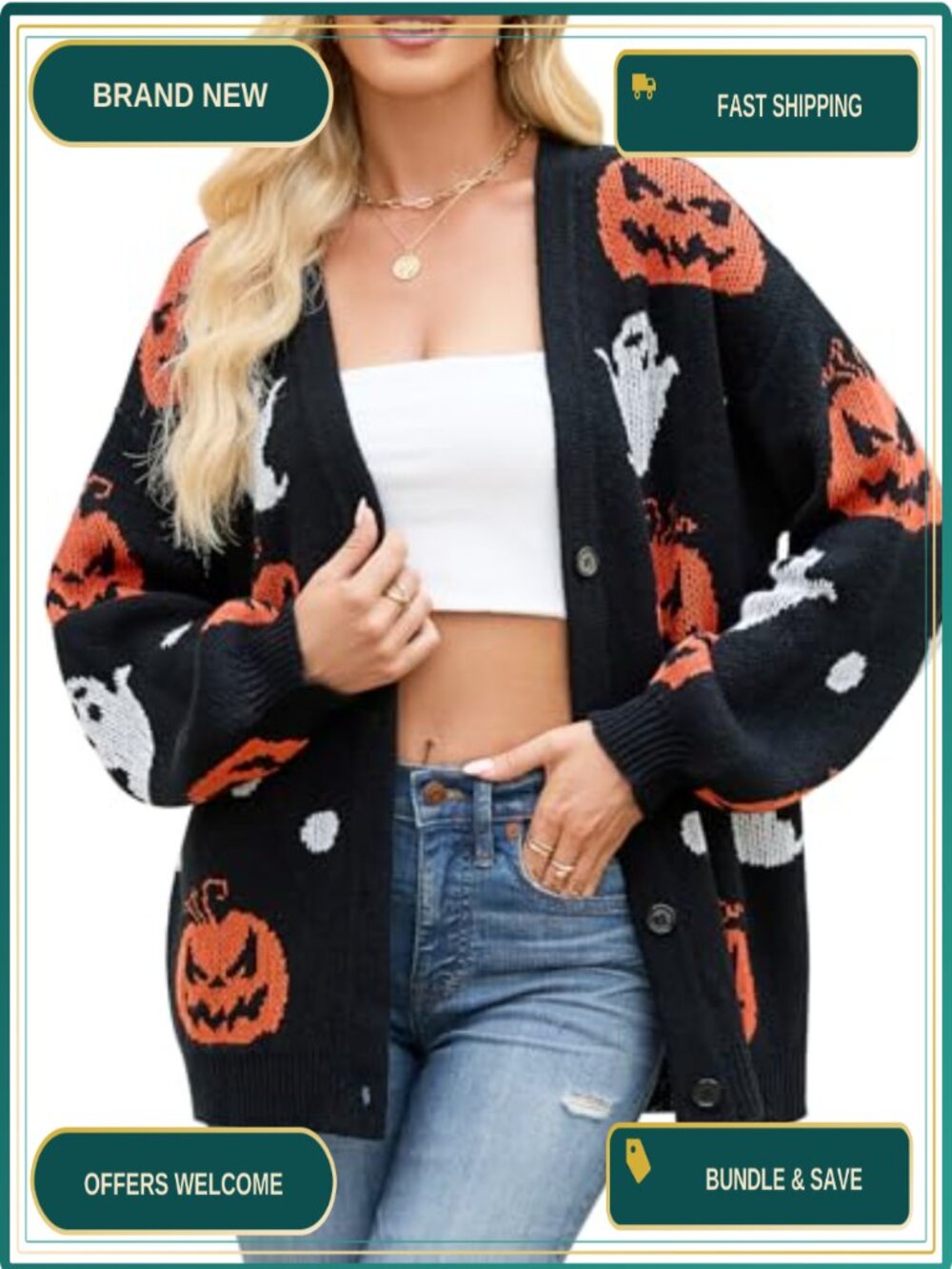 Halloween Pumpkin Ghost Cardigan Sweater V-Neck Button Down Womens